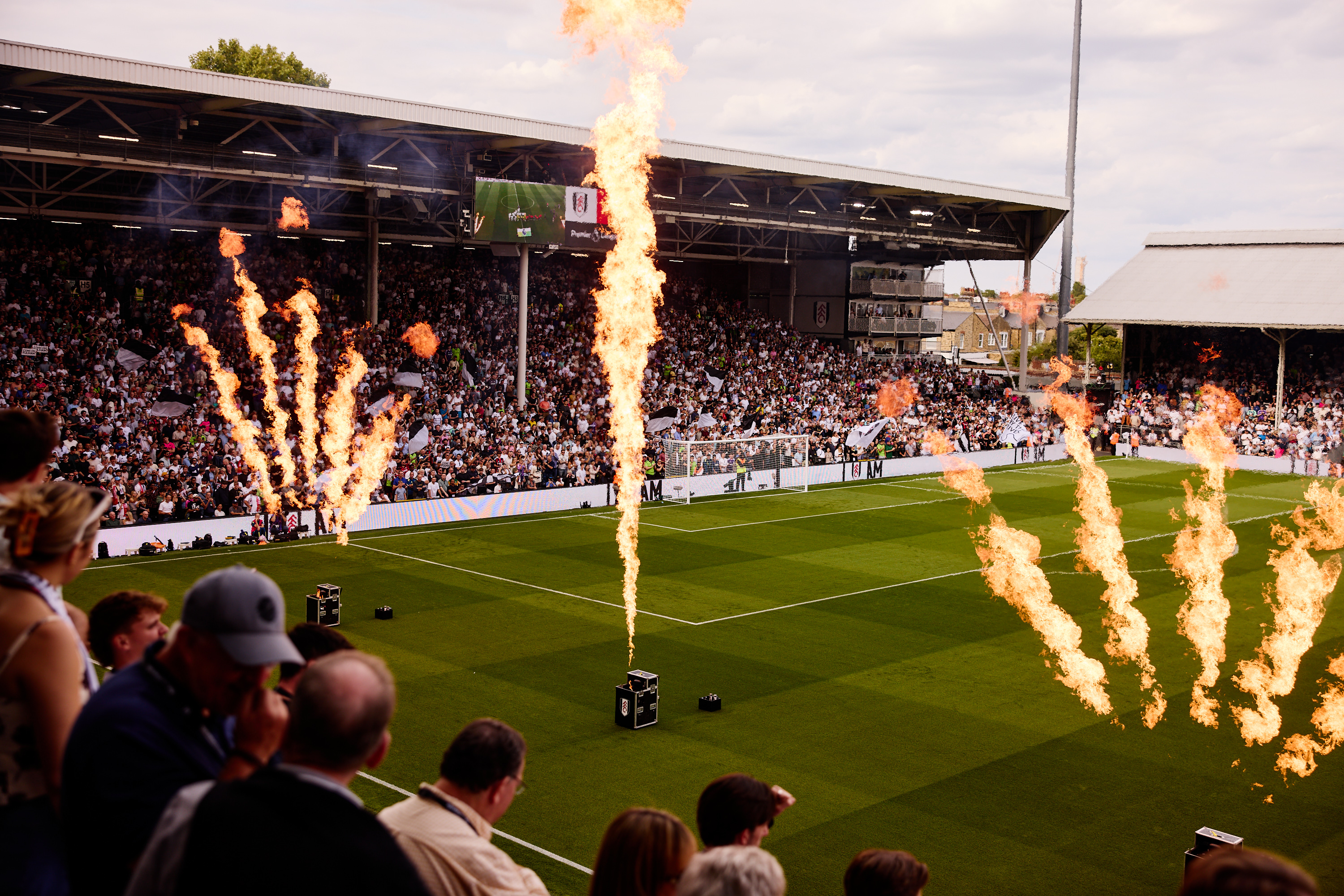 Flame effects and a packed stand at Craven Cottage before kick-off